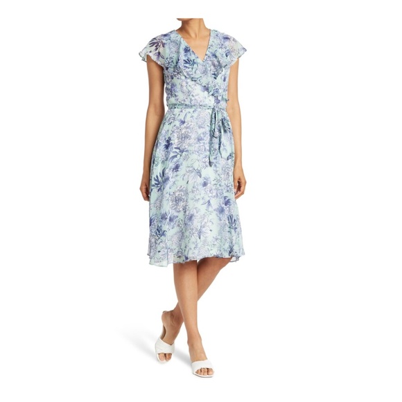 TOMMY HILFIGER Green Blue Floral Flutter Capelet Sleeve Midi Dress Size 18W - Picture 3 of 16